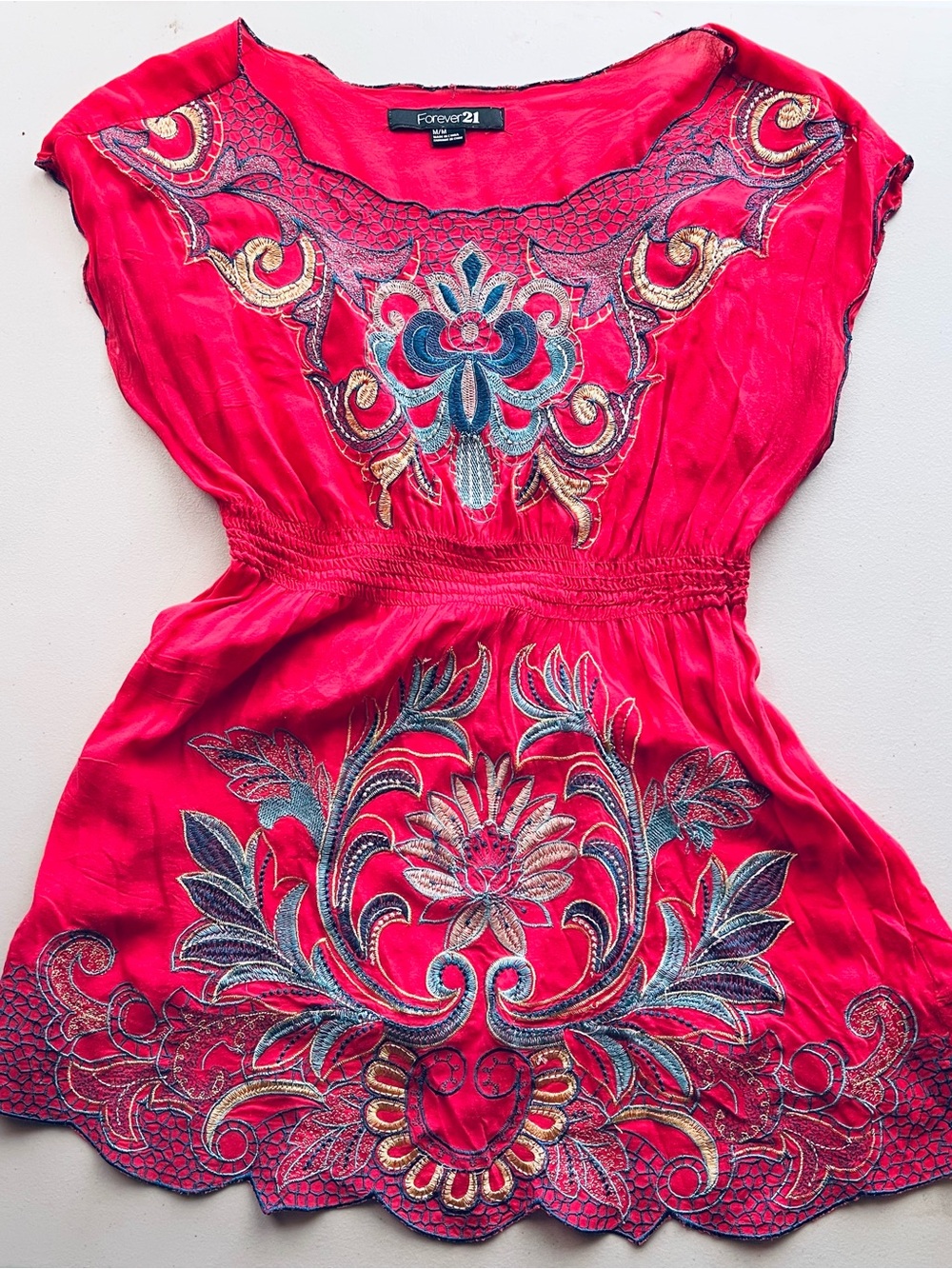Forever 21 Red Embroidered Flutter Sleeve Tunic